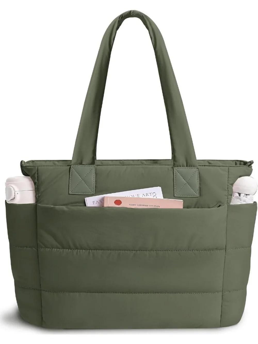 👜Women's Dark Green Quilted Puffer Tote Bag Lightweight Work For Travel Handbag